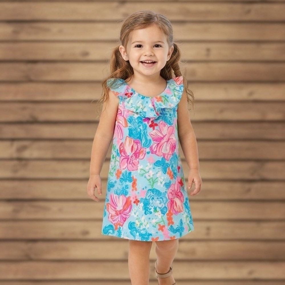Lilly Pulitzer Kids Surf Blue Luscious Lions Ruffle Dress XS 2T 3T